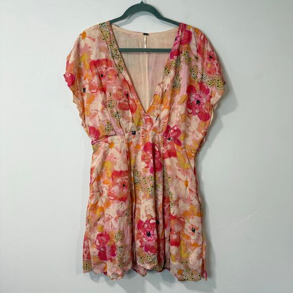 Free People Women's Freddy Mini Dress Pink Orange Floral Medium Flirty V Neck - Picture 2 of 10